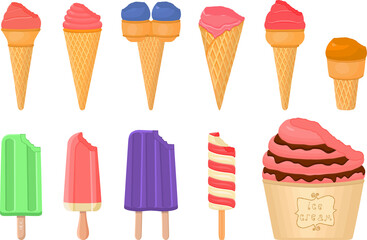 big kit ice cream popsicle different types in cone waffle cup