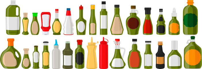 big kit varied glass bottles filled liquid sauce jalapeno