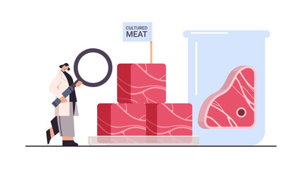 scientist analyzing cultured red raw meat made from animal cells artificial lab grown meat production concept