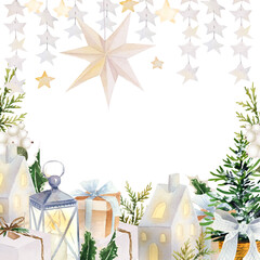 Watercolor christmas frame with candlestick as house and floral composition