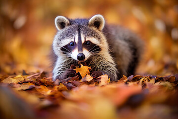 3d illustration of a tiny raccon hiding in a pile of autumn leaves - obrazy, fototapety, plakaty