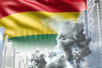 big smoke pillar in the modern city - concept of industrial accident or act of terror on Bolivia flag background, industrial 3D illustration