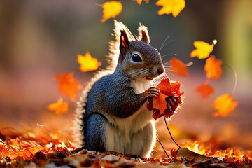 3d illustration of a wild squirrel in autumn forest - obrazy, fototapety, plakaty