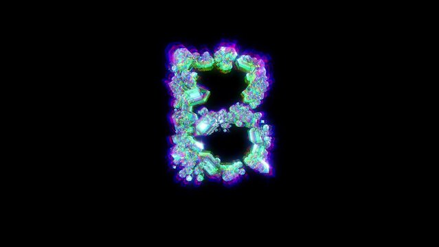 letter B of cybernetic crystals with chromatic aberrance - glitch font, isolated - loop video