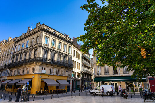 Das moderne, hippe Bordeaux: St&auml;dtetrip in der Weinstadt a der Garonne - sch&ouml;ner Platz mit typisch franz&ouml;schischer Architektur und Baum