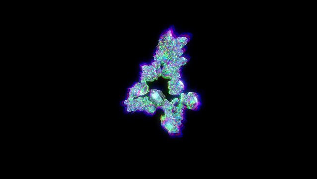 number 4 of cybernetical crystals with chromatic aberrance - glitchy font, isolated - loop video