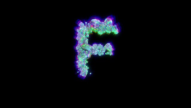 letter F of cybernetical crystals with chromatic aberrance - distorted font, isolated - loop video