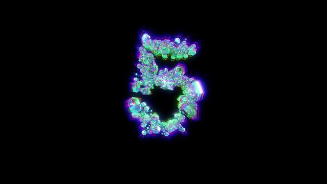 number 5 of cybernetical crystals with chromatic aberrance - dichroic font, isolated - loop video
