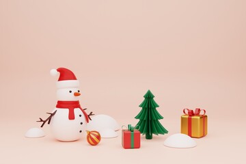 3D rendering cute Christmas landscape with snowman. Holiday background