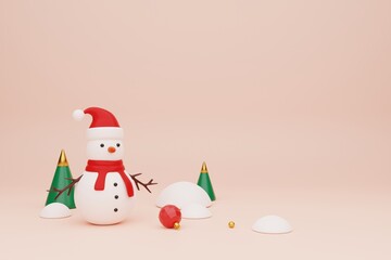 3D rendering cute Christmas landscape with snowman. Holiday background