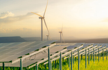 Sustainable energy. Solar and wind turbines farm. Sustainable resources. Solar, wind power....