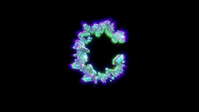 letter C of cybernetical crystals with chromatic aberrance - glitchy alphabet, isolated - loop video