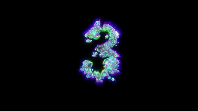 number 3 of cybernetic crystals with chromatic aberrance - glitch alphabet, isolated - loop video