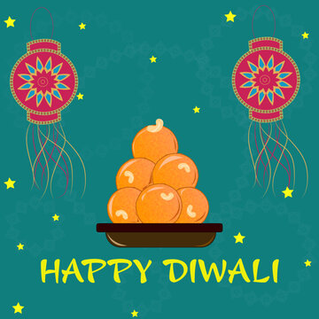 Vector illustration of yellow orange color wheel color ladoo or motichur laddu,rose red color sky lantern or aakash kandil on teal background. happy Diwali written at the bottom of ladoo. diwali card.