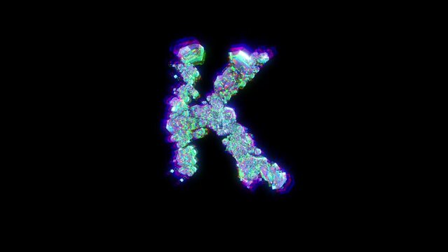 letter K of cybernetic crystals with chromatic aberrance - distorted font, isolated - loop video