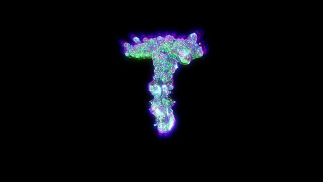letter T of cybernetical crystals with chromatic aberrance - dichroic font, isolated - loop video