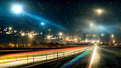 Fototapeta na wymiar highway at night , city light blurred reflection on horizon road starry sky and moon