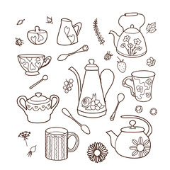 contour drawings, cup and teapot set, for tea and coffee