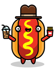 Little Hotdog mascot characters wearing cowboy hat and carrying boba drinks and French fries, best for sticker, logo, and decoration with fast food themes for kids