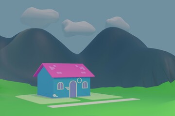 3d cartoon house with blue walls and pink roof