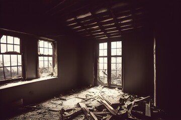 Abandoned creepy attic. Ruined. Haunted.  - obrazy, fototapety, plakaty