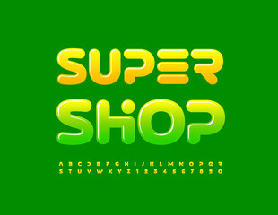 Vector business sign Super Shop. Unique glossy Font. Set of creative Alphabet Letters and Numbers