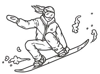 Winter sports snowboarder on a snow board in the grab jump. Outline hand drawing in vector
