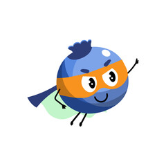 Cartoon blueberry in super hero costume.