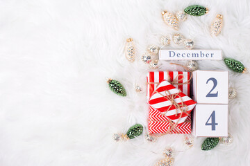 Winter holidays postcard. Christmas holiday background.  Top view. Place for text.