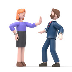 Fototapeta premium 3D illustration of young african woman physical distancing from another young man, with a stop gesture.3D rendering on white background. 