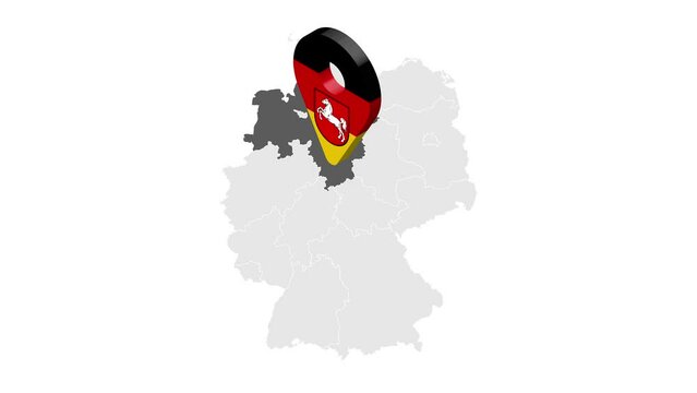 Location Lower Saxony on map Germany. 3d Free State of Lower Saxony  flag map marker location pin. Map of Germany  showing different states. Animated map Lands  of Germany. 4K.  Video