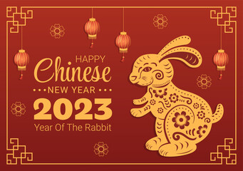 Chinese Lunar New Year 2023 Day of the Rabbit Zodiac Sign Template Hand Drawn Cartoon Flat Illustration with Flower, Lantern and Red Color Background