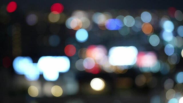 Blurry film grain background of Abstract bokeh lights. Abstract city night lights illuminated blurred urban background. unfocused road traffic at night. horizontal Big city life