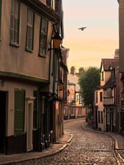 Old cobbled narrow street at dawn 