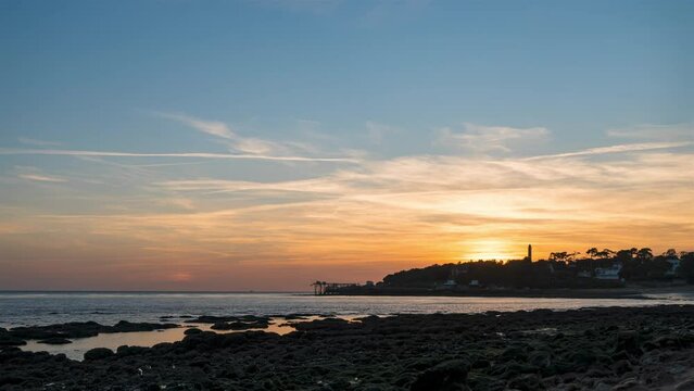 Sunset Timelapse, First sun, Orange Sky and after Pink Sky, Lighthouse of Terre Negre, Charente, Saint Palais Sur Mer