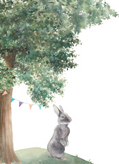 Watercolor rabbit illustration. Forest cartoon scene.