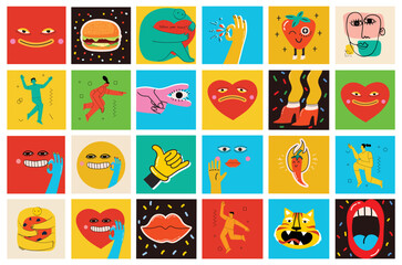 Big Set of Different colored Vector illustartions for posters in Cartoon Flat design. Hand drawn Abstract shapes, faces, different texture funny Comic characters.