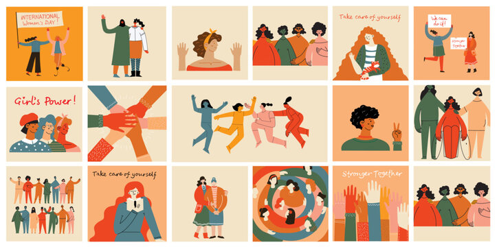 Women friendship group. Diverse female team standing together, holding hands, girls power, multinational sisterhood community vector illustration. Friendship group females, people diversity