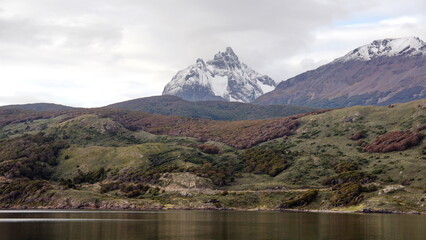 Snow capped mountains along the Beagle Channel near Ushuaia, Argentina