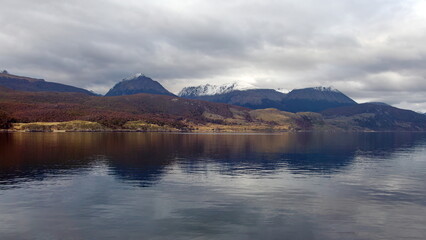 Snow capped mountains along the Beagle Channel near Ushuaia, Argentina