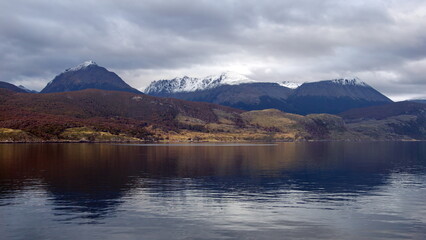 Snow capped mountains along the Beagle Channel near Ushuaia, Argentina