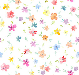 Hand painted multicolor watercolor allover seamless spring small daisy liberty flowers. Ditsy floral watercolor pattern.
