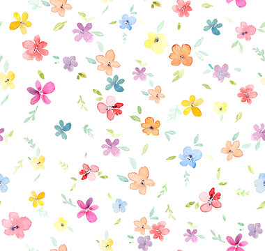 Hand painted multicolor watercolor allover seamless spring small daisy liberty flowers. Ditsy floral watercolor pattern.

