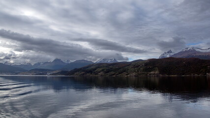 Snow capped mountains along the Beagle Channel near Ushuaia, Argentina