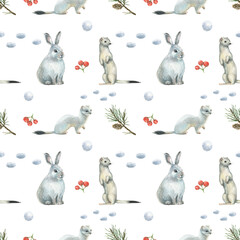 Fototapeta na wymiar Watercolor forest seamless pattern with illustration of winter wild animals white hare and stoat. Winter forest background