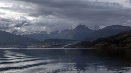 Fototapeta na wymiar Snow capped mountains along the Beagle Channel near Ushuaia, Argentina