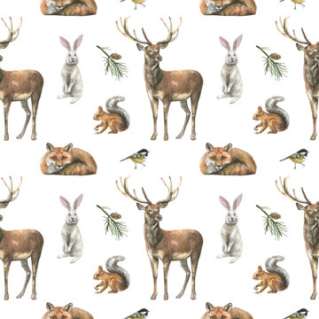 Beautiful seamless pattern with watercolor hand drawn wild white hares, deer, birds, squirrels. Winter forest illustration.