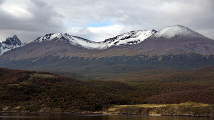 Snow capped mountains along the Beagle Channel near Ushuaia, Argentina