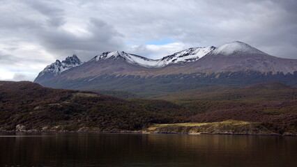 Snow capped mountains along the Beagle Channel near Ushuaia, Argentina