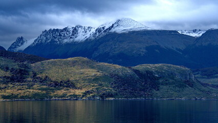 Snow capped mountains along the Beagle Channel near Ushuaia, Argentina